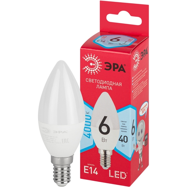 

Лампочка светодиодная E14 6W ЭРА LED B35-6W-840-E14 R, LED B35-6W-840-E14 R