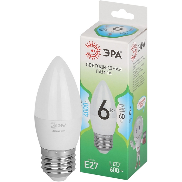 

Лампочка светодиодная E27 6W ЭРА LED B35-6W-840-E27 GL, LED B35-6W-840-E27 GL