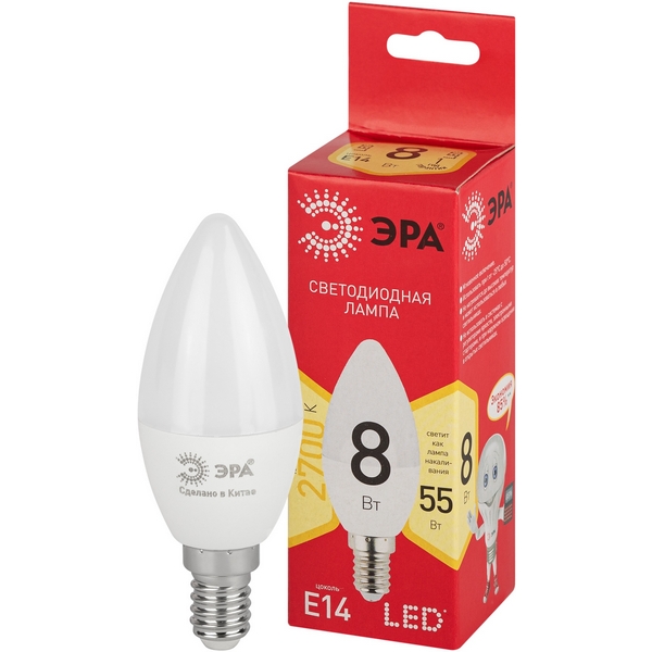 

Лампочка светодиодная E14 8W ЭРА LED B35-8W-827-E14 R, LED B35-8W-827-E14 R