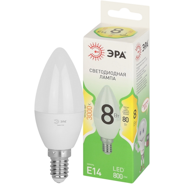 

Лампочка светодиодная E14 6W ЭРА LED B35-8W-830-E14 GL, LED B35-8W-830-E14 GL
