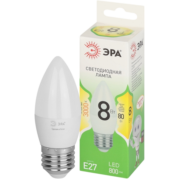 

Лампочка светодиодная E27 8W ЭРА LED B35-8W-830-E27 GL, LED B35-8W-830-E27 GL