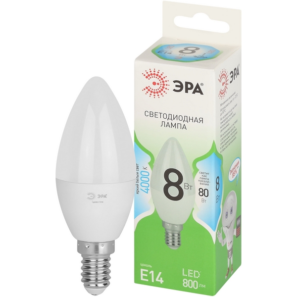 

Лампочка светодиодная E14 8W ЭРА LED B35-8W-840-E14 GL, LED B35-8W-840-E14 GL