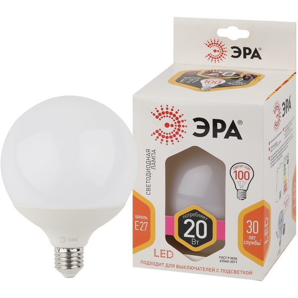 

Лампочка светодиодная E27 20W ЭРА LED G120-20W-2700K-E27, LED G120-20W-2700K-E27