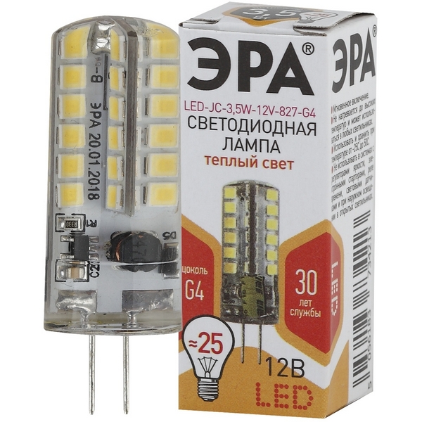 

Лампочка светодиодная G4 3,5W ЭРА LED JC-3,5W-12V-827-G4, LED JC-3,5W-12V-827-G4