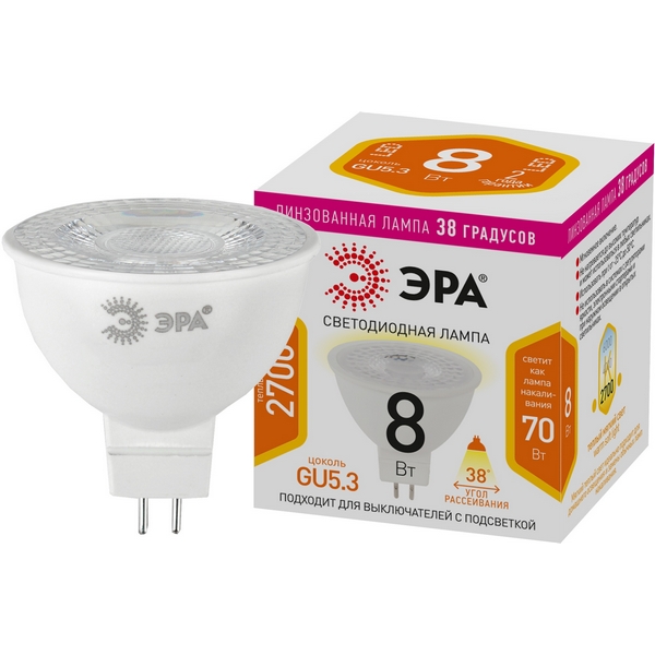 

Лампочка светодиодная GU5.3 8W ЭРА LED Lense MR16-8W-827-GU5.3, LED Lense MR16-8W-827-GU5.3