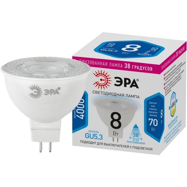 

Лампочка светодиодная GU5.3 8W ЭРА LED Lense MR16-8W-840-GU5.3, LED Lense MR16-8W-840-GU5.3