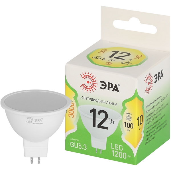 

Лампочка светодиодная GU5.3 12W ЭРА LED MR16-12W-830-GU5.3 GL, LED MR16-12W-830-GU5.3 GL
