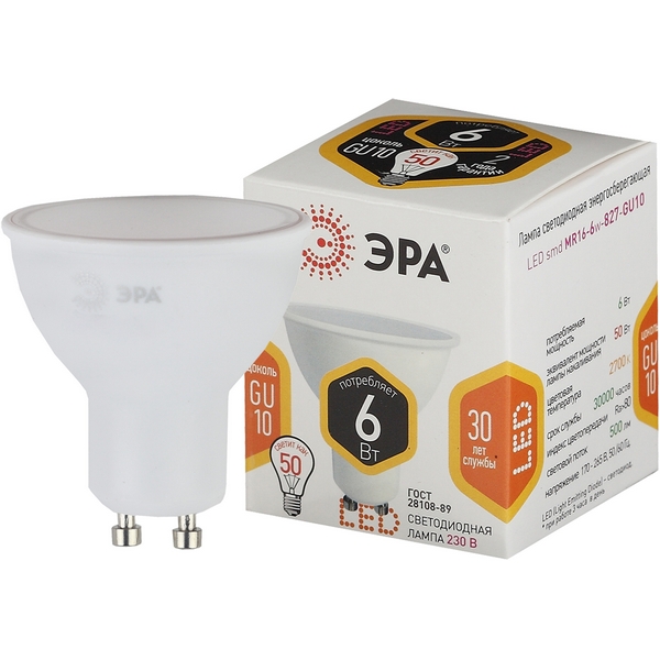 

Лампочка светодиодная GU10 6W ЭРА LED MR16-6W-827-GU10, LED MR16-6W-827-GU10