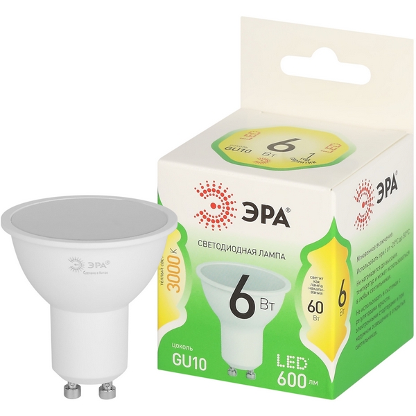 

Лампочка светодиодная GU10 6W ЭРА LED MR16-6W-830-GU10 GL, LED MR16-6W-830-GU10 GL