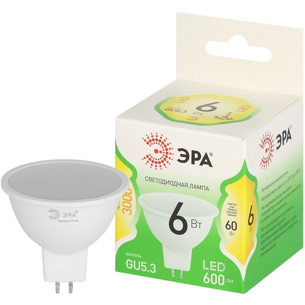 

Лампочка светодиодная GU5.3 6W ЭРА LED MR16-6W-830-GU5.3 GL, LED MR16-6W-830-GU5.3 GL