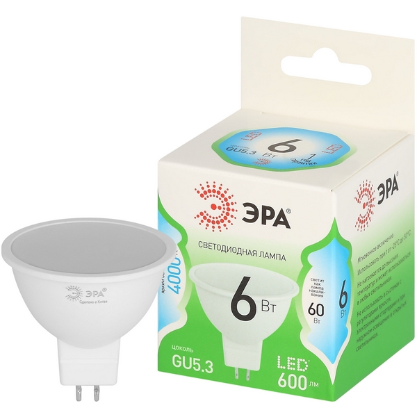 

Лампочка светодиодная GU5.3 6W ЭРА LED MR16-6W-840-GU5.3 GL, LED MR16-6W-840-GU5.3 GL