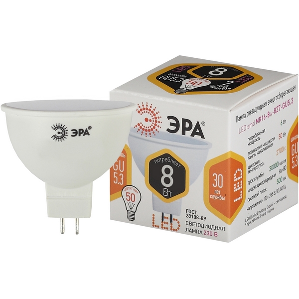 

Лампочка светодиодная GU5.3 8W ЭРА LED MR16-8W-827-GU5.3, LED MR16-8W-827-GU5.3