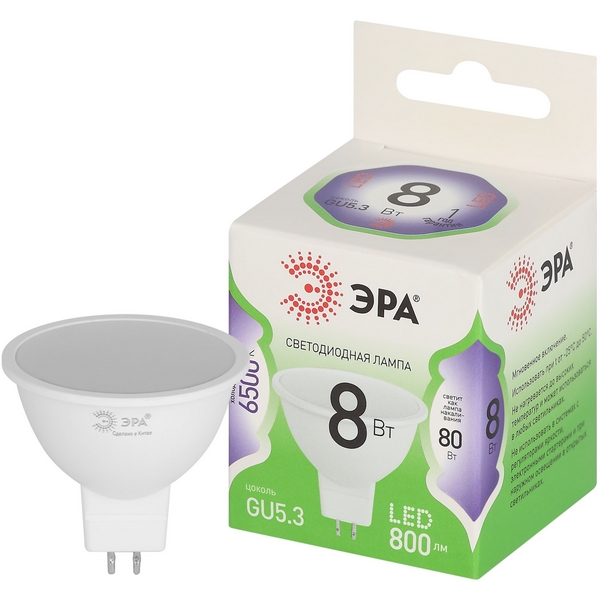 

Лампочка светодиодная GU5.3 8W ЭРА LED MR16-8W-865-GU5.3 GL, LED MR16-8W-865-GU5.3 GL