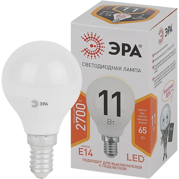 

Лампочка светодиодная E14 11W ЭРА LED P45-11W-827-E14, LED P45-11W-827-E14