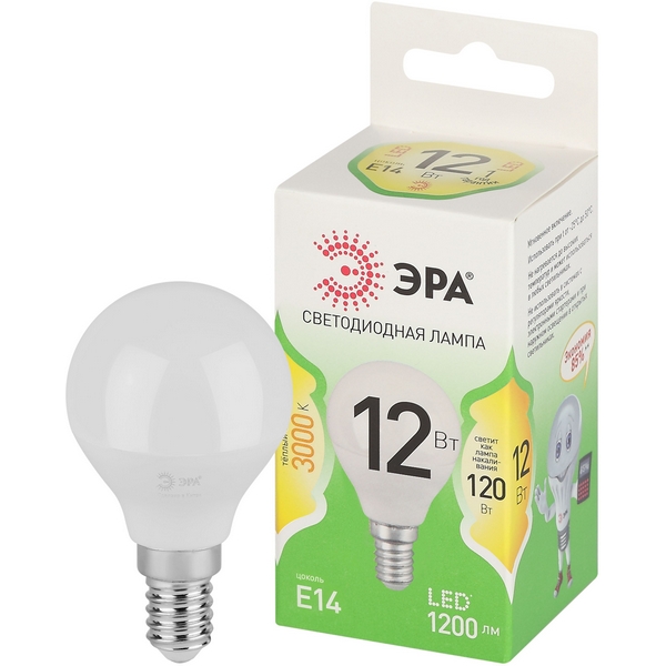 

Лампочка светодиодная E14 12W ЭРА LED P45-12W-830-E14 GL, LED P45-12W-830-E14 GL