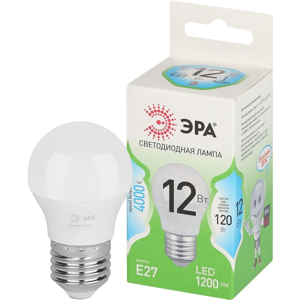

Лампочка светодиодная E27 12W ЭРА LED P45-12W-840-E27 GL, LED P45-12W-840-E27 GL
