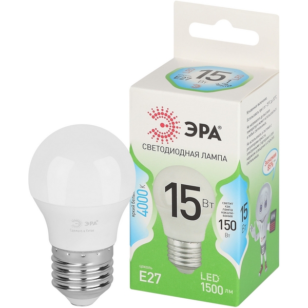 

Лампочка светодиодная E27 15W ЭРА LED P45-15W-840-E27 GL, LED P45-15W-840-E27 GL