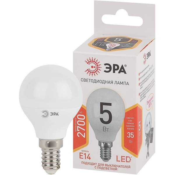 

Лампочка светодиодная E14 5W ЭРА LED P45-5W-827-E14, LED P45-5W-827-E14