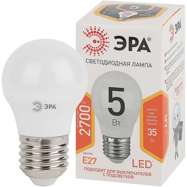 

Лампочка светодиодная E27 5W ЭРА LED P45-5W-827-E27, LED P45-5W-827-E27