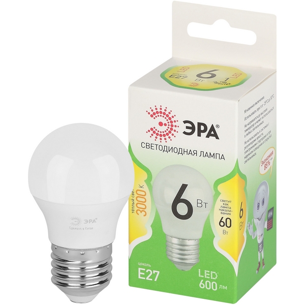 

Лампочка светодиодная E27 6W ЭРА LED P45-6W-830-E27 GL, LED P45-6W-830-E27 GL