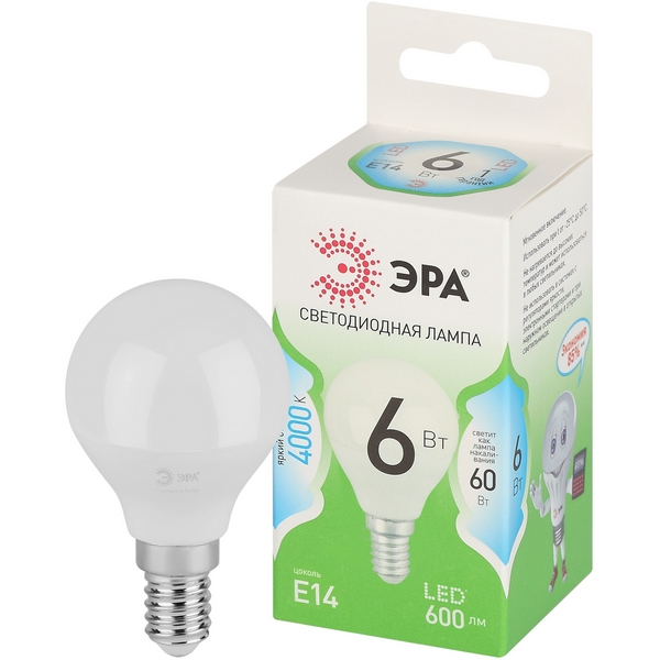 

Лампочка светодиодная E14 6W ЭРА LED P45-6W-840-E14 GL, LED P45-6W-840-E14 GL