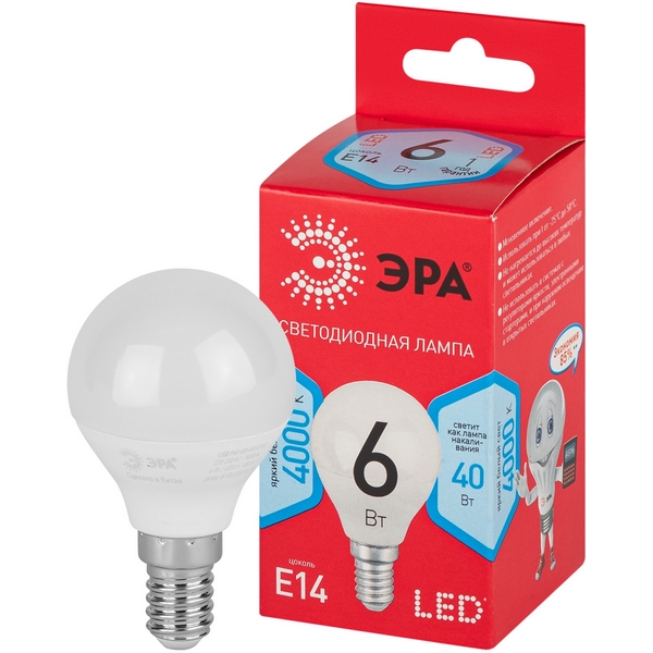 

Лампочка светодиодная E14 6W ЭРА LED P45-6W-840-E14 R, LED P45-6W-840-E14 R