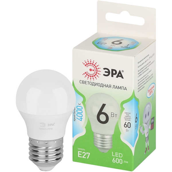 

Лампочка светодиодная E27 6W ЭРА LED P45-6W-840-E27 GL, LED P45-6W-840-E27 GL