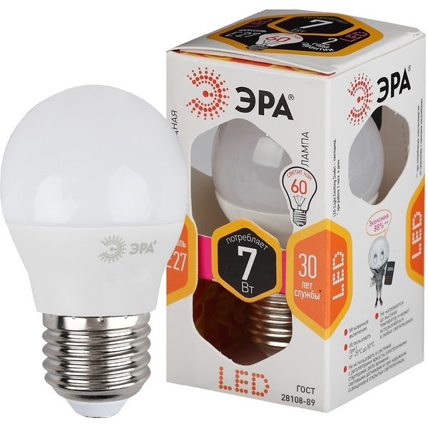 

Лампочка светодиодная E27 7W ЭРА LED P45-7W-827-E27, LED P45-7W-827-E27