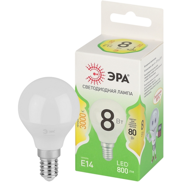 

Лампочка светодиодная E14 8W ЭРА LED P45-8W-830-E14 GL, LED P45-8W-830-E14 GL