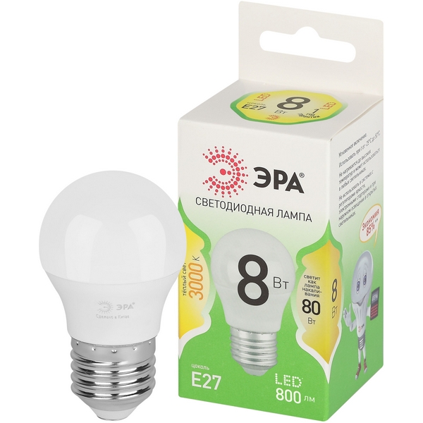 

Лампочка светодиодная E27 8W ЭРА LED P45-8W-830-E27 GL, LED P45-8W-830-E27 GL