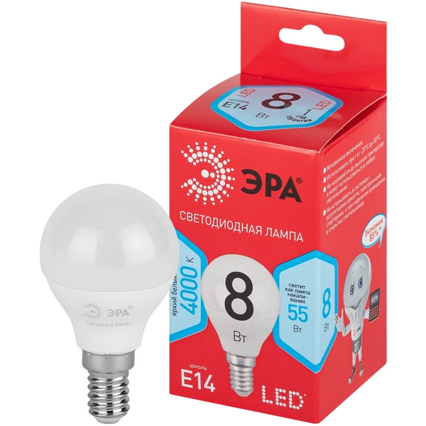 

Лампочка светодиодная E14 8W ЭРА LED P45-8W-840-E14 R, LED P45-8W-840-E14 R
