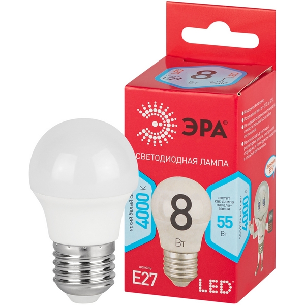 

Лампочка светодиодная E27 8W ЭРА LED P45-8W-840-E27 R, LED P45-8W-840-E27 R