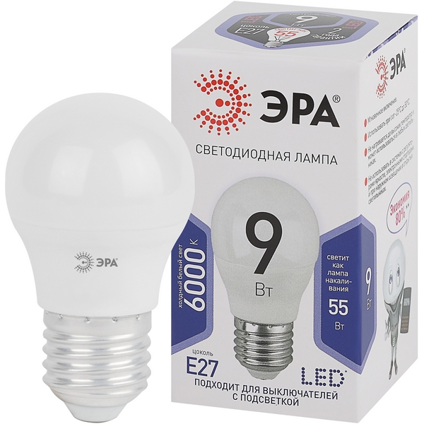 

Лампочка светодиодная E27 9W ЭРА LED P45-9W-860-E27, LED P45-9W-860-E27