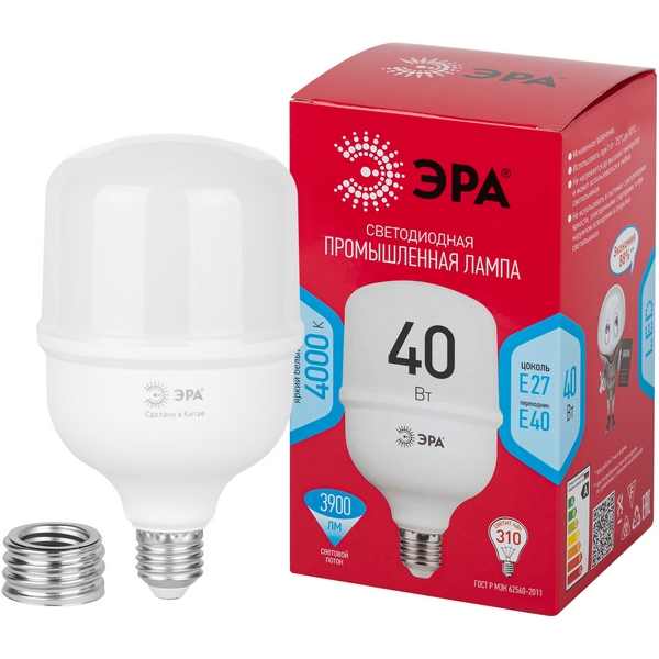 

Лампочка светодиодная E27 с переходником на E40 40W ЭРА LED POWER T100-40W-4000-E27 с переходником на E40/E40 R, LED POWER T100-40W-4000-E27/E40 R