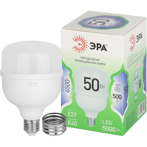 

Лампочка светодиодная E27 с переходником на E40 50W ЭРА LED POWER T100-50W-865-E27 с переходником на E40/E40 GL, LED POWER T100-50W-865-E27/E40 GL