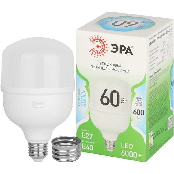 

Лампочка светодиодная E27 с переходником на E40 60W ЭРА LED POWER T100-60W-840-E27 с переходником на E40/E40 GL, LED POWER T100-60W-840-E27/E40 GL