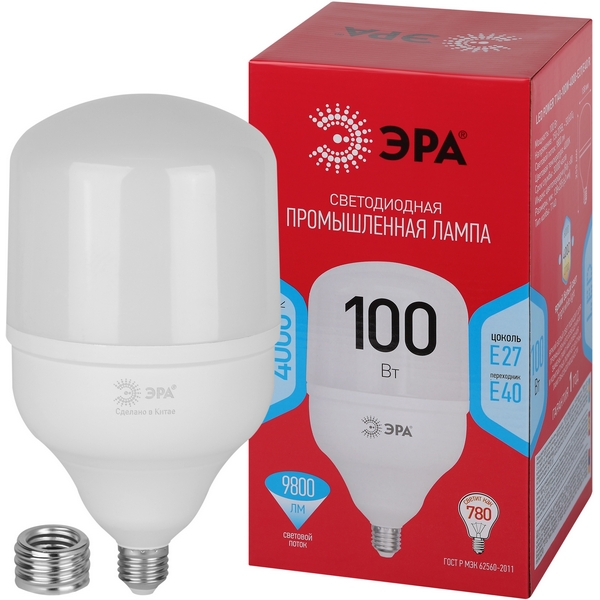 

Лампочка светодиодная E27 с переходником на E40 100W ЭРА LED POWER T140-100W-4000-E27 с переходником на E40/E40 R, LED POWER T140-100W-4000-E27/E40 R