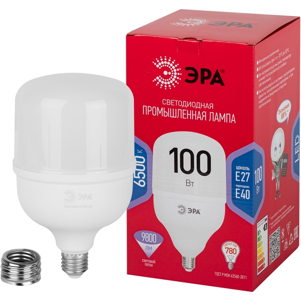 

Лампочка светодиодная E27 с переходником на E40 100W ЭРА LED POWER T140-100W-6500-E27 с переходником на E40/E40 R, LED POWER T140-100W-6500-E27/E40 R