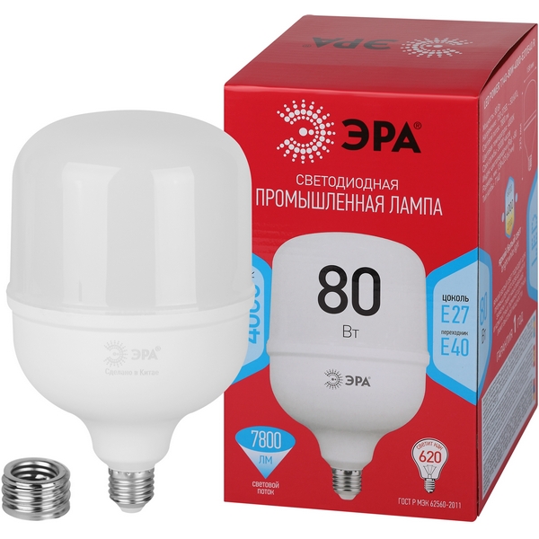 

Лампочка светодиодная E27 с переходником на E40 80W ЭРА LED POWER T140-80W-4000-E27 с переходником на E40/E40 R, LED POWER T140-80W-4000-E27/E40 R