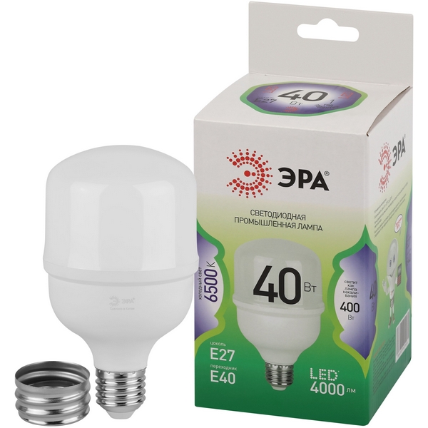 

Лампочка светодиодная E27 с переходником на E40 40W ЭРА LED POWER T80-40W-865-E27 с переходником на E40/E40 GL, LED POWER T80-40W-865-E27/E40 GL