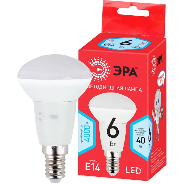 

Лампочка светодиодная E14 6W ЭРА LED R50-6W-840-E14 R, LED R50-6W-840-E14 R