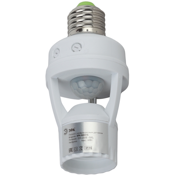 

Датчик движения под лампу Е27 60Вт 360° 6м ЭРА MD 015, MD 015