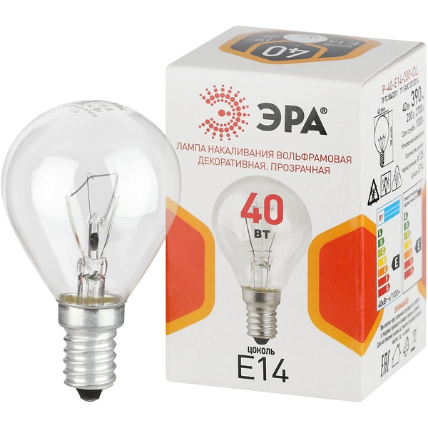 

Лампочка накаливания E14 40W ЭРА P-40-E14-230-CL, P-40-E14-230-CL