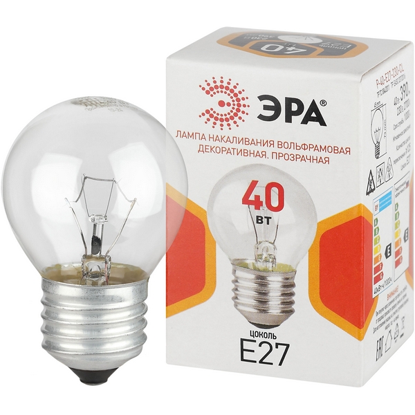 Изображение товара Лампочка накаливания E27 40 Вт ЭРА P45 P-40-E27-230-CL