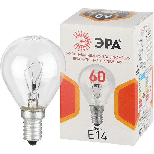 

Лампочка накаливания E14 60W ЭРА P-60-E14-230-CL, P-60-E14-230-CL