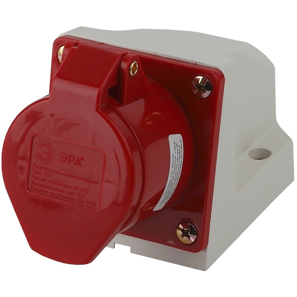 Изображение товара Розетка с заземлением и защитной крышкой ЭРА R(OUT)-16-3P-PE-IP44 16А 380В красная