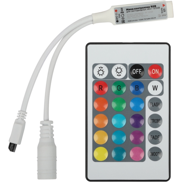 Изображение товара Контроллер для светодиодной ленты RGB с пультом ЭРА RGBController-12/24V-72/144W-IP20-IR Изображение товара Контроллер для светодиодной ленты RGB с пультом ЭРА RGBController-12/24V-72/144W-IP20-IR