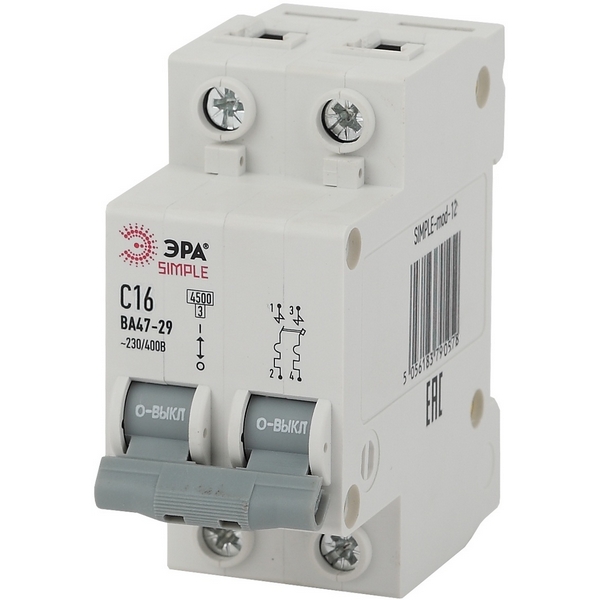 

Автоматический выключатель 2P 16A C 4,5кА ЭРА SIMPLE-mod-12, SIMPLE-mod-12