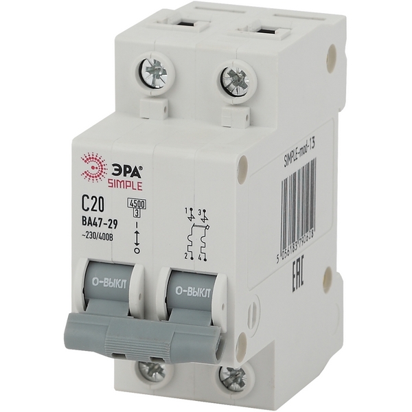 

Автоматический выключатель 2P 20A C 4,5кА ЭРА SIMPLE-mod-13, SIMPLE-mod-13