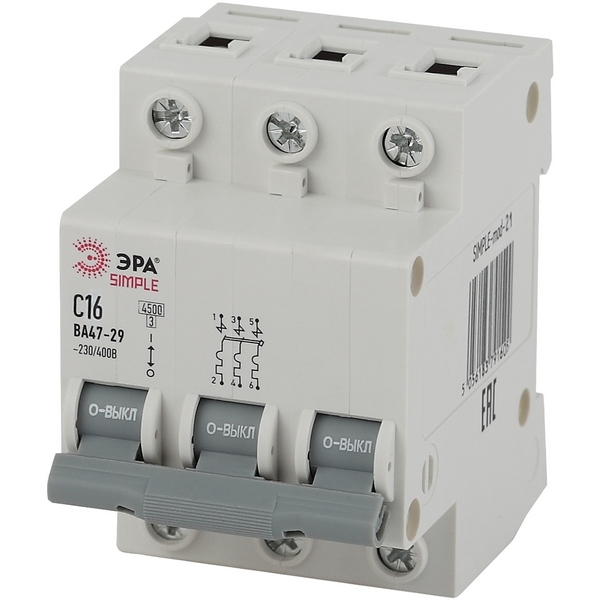 

Автоматический выключатель 3P 16A C 4,5кА ЭРА SIMPLE-mod-21, SIMPLE-mod-21
